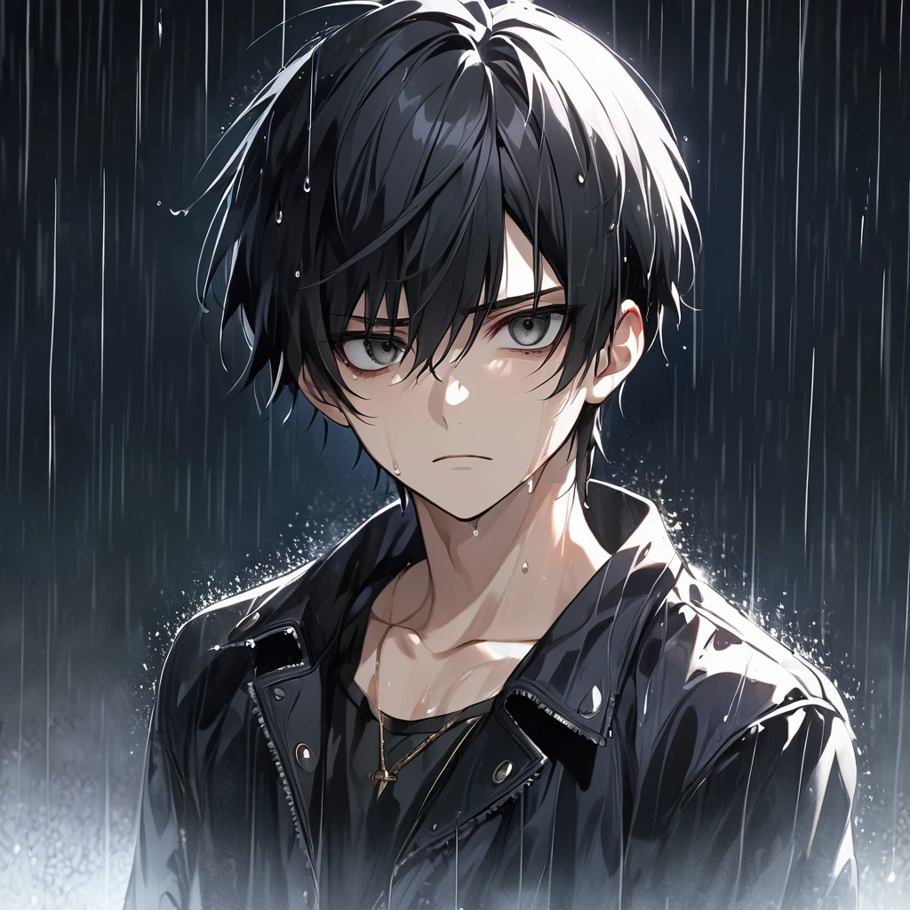 high quality, High resolution, 4K, Handsome man, 1 male, 17 years old, teenager, Short black hair, Sharp eyes, Black eyes, The devil may cry, Calm expression, Stoic expression, rain,Wet、whole body