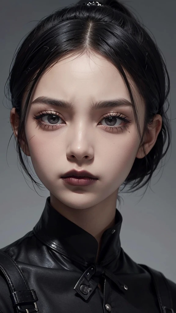 1girl, solo, short hair, ponytail, black hair, black lips, angry, from, nose detail, eye detail, lip detail, face detail