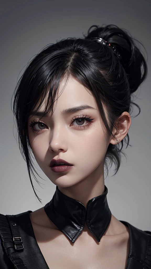 1girl, solo, short hair, ponytail, black hair, black lips, angry, from, nose detail, eye detail, lip detail, face detail