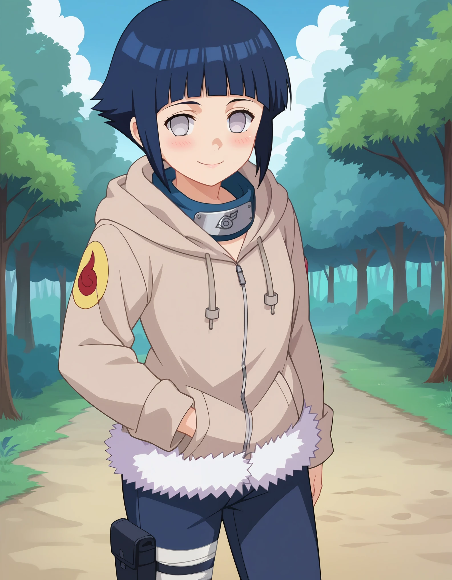 score_9, score_8_up, score_7_up, source_anime,
 short hair, dark blue hair, no pupils, 1girl, blunt bangs, shiny hair, grey eyes, hoodie, solo, hood down, long sleeves, looking at viewer, blush, fur trim, capri pants,  standing, smile, closed mouth,standing, cowboy shot, bandages, thigh holster,konohagakure symbol, forehead protector, 
outdoors, forest,
anime screencap, anime coloring,