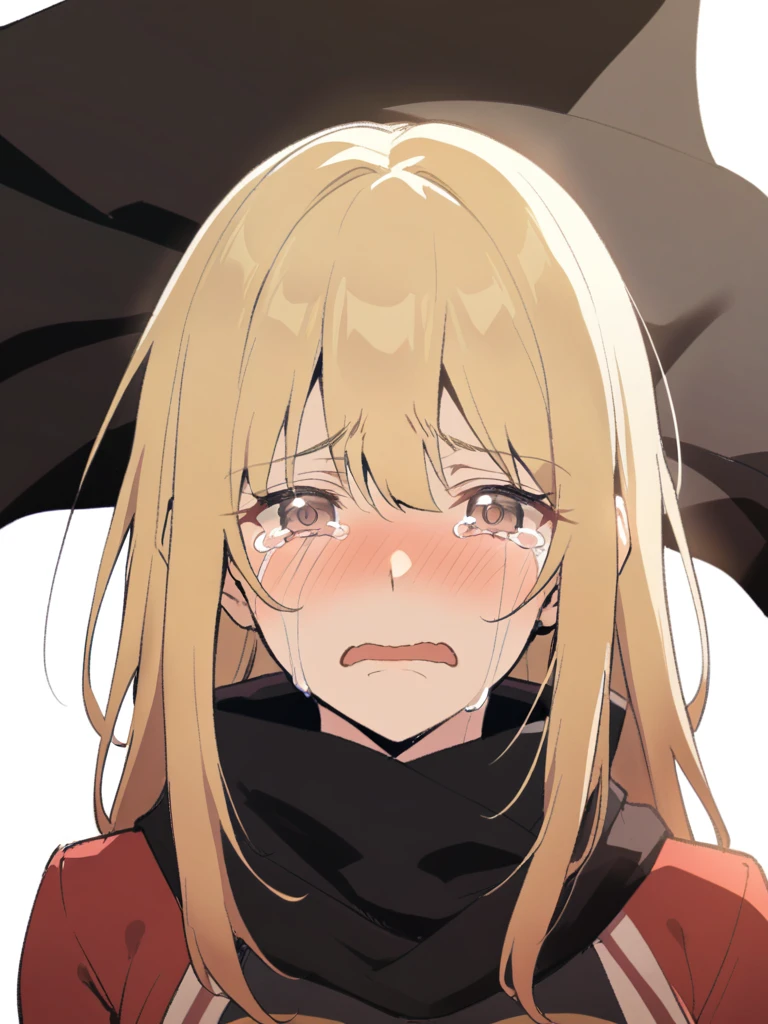 {{Upper part of the body}} {{Artist: sincos}} mature woman, Straight hair, wide, with black and blonde highlights, light brown eyes, black ninja scarf, Red jacket, tight black t-shirt, Gloves without fingers, crying, with tears coming out of his eyes