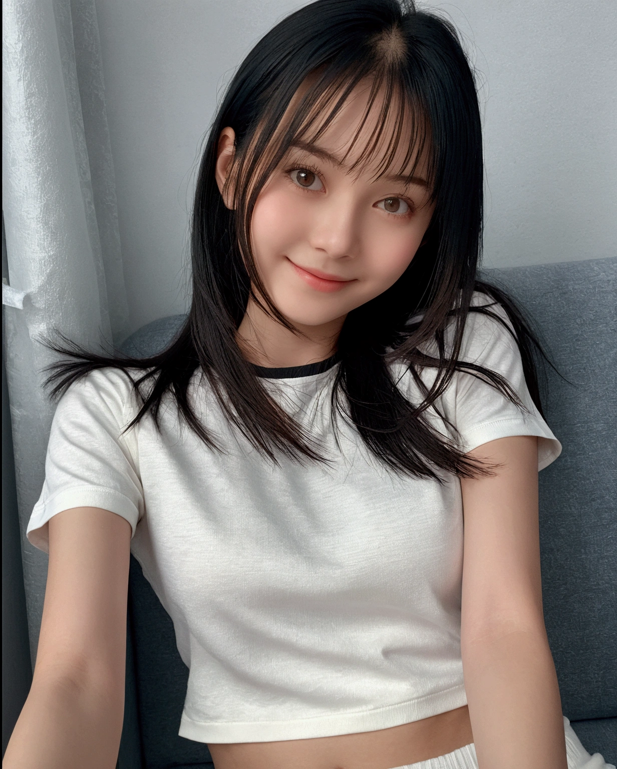 16 years old,high school student,White T-shirt,Culottes,Black Hair,bangs,ponytail,Straight hair,Dark Eyes,thin足,slender,Small face,Young Face,Clean your eyes,Small Mouth,thin,Young Face,Small breasts,Small breasts,Small breasts,Small breasts,Realistic photos,4K,Mouth slightly open,Ultra HD,whole body,Pure girl,whole body,,smile,8 heads,Low - Angle,living room,