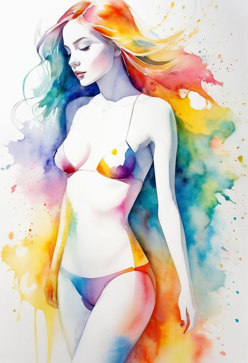 Abstract　modern art　whole body　Girl　watercolor　White background　Bright colors　Pencil drawing　Blur　high quality