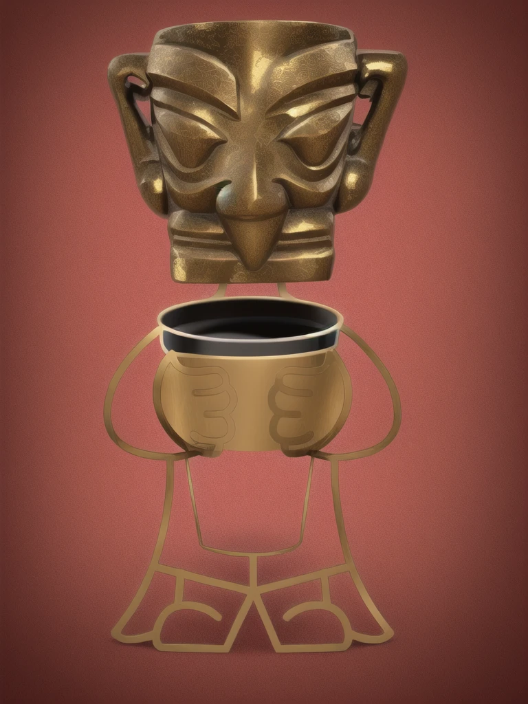 Close up of bronze cartoon character holding a cup of coffee, Pick up, Sanxingdui Ornamentatio, Sanxingdui, 拿着Coffee cup的全身青铜人物, mascot, Coffee cup, masterpiece，Rich details，High-definition quality