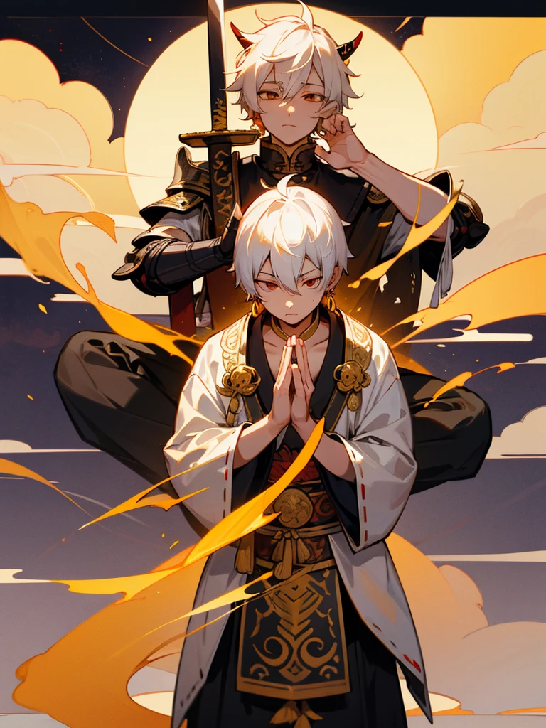 Buddha,Lucky Eyes, horn, white short hair, black armor, tori ready, man, full moon, hands together in prayer, Zen meditation golden lion Chi Japanese sword demon vengeful spirit evil spirit