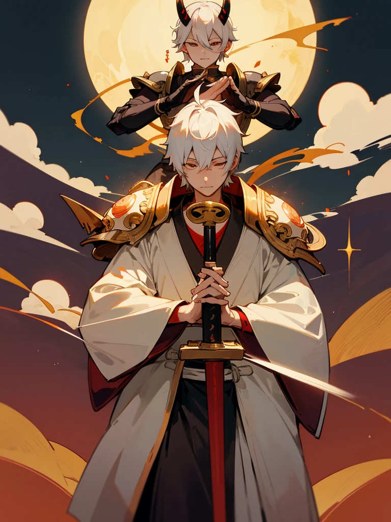 Buddha,Lucky Eyes, horn, white short hair, black armor, tori ready, man, full moon, hands together in prayer, Zen meditation golden lion Chi Japanese sword demon vengeful spirit evil spirit