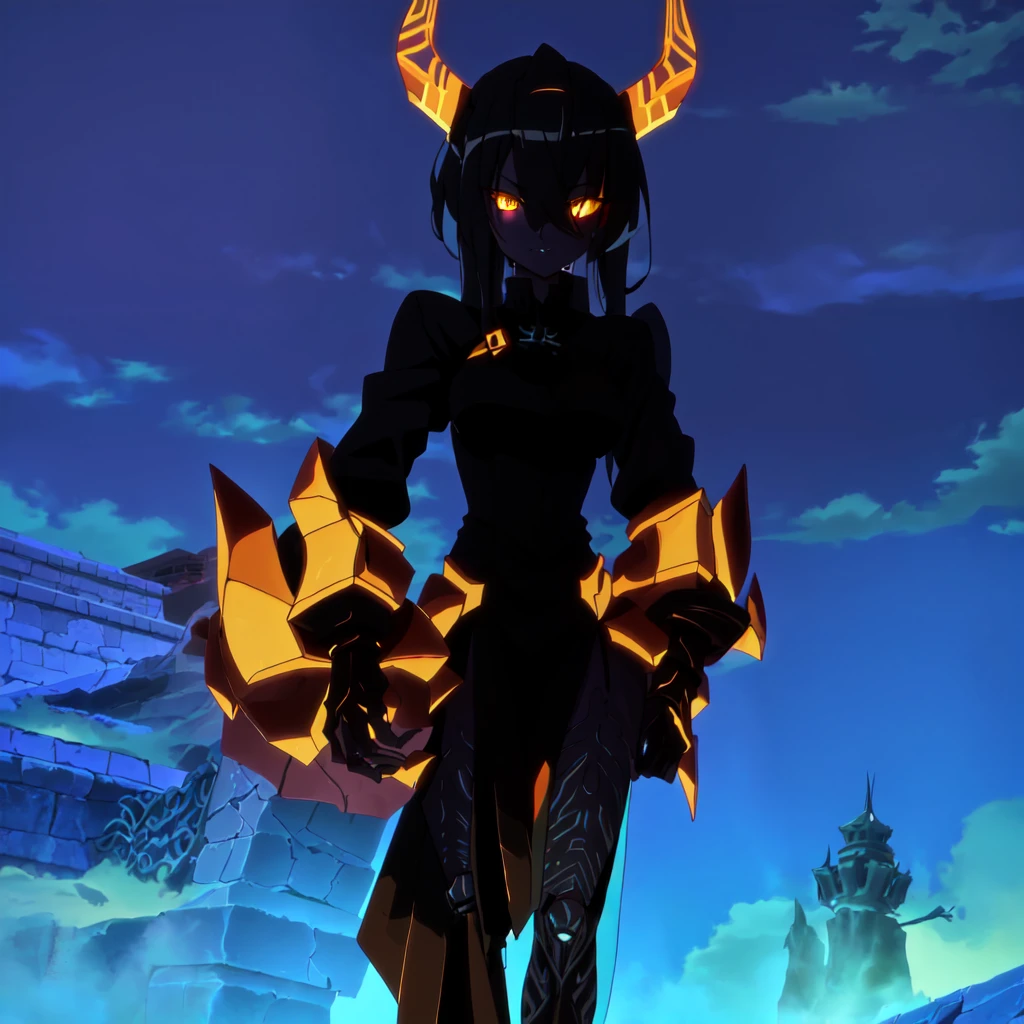 there is a cartoon image of a demon with horns and horns, demon armor, shadow armor, wakfu colors + symmetry, dark goddess, demon hero, style of duelyst, sleek glowing armor, demon soul concept art, dark sorceress full view, dark armor, black shiny armor, demon, humanoid form, dark shadow girl, dark silhouette, glowing yellow eyes