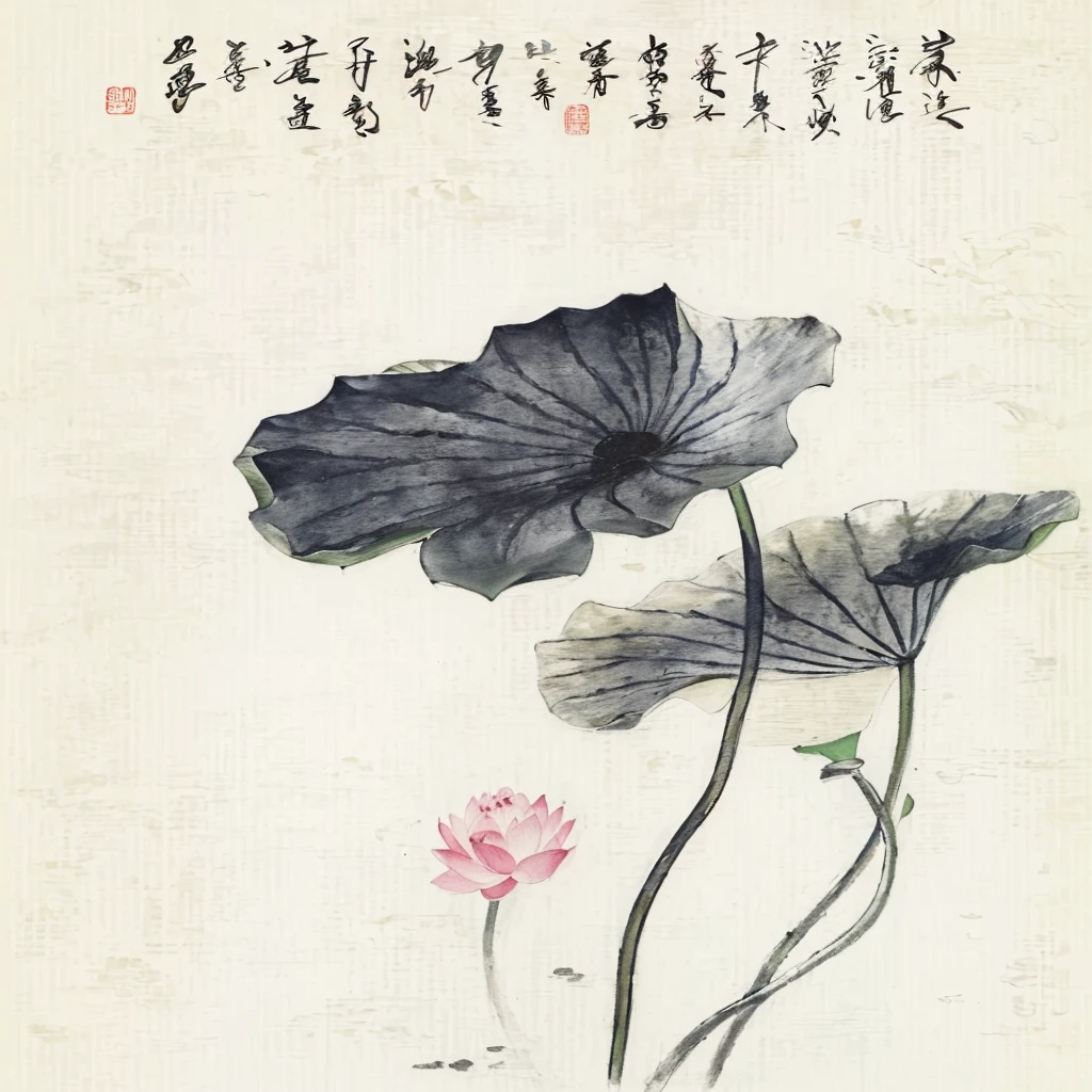 Close up of a painting of a lotus flower and a lotus leaf, 中traditional Chinese painting风格, Chinese watercolor style, traditional Chinese Ink Painting, Chinese style, by Li Zai, Mei Qing, Chinese Ink Painting, traditional Chinese painting, by Xia Shuwen, author：Yang J, author：Gu Wenchang, author Shang Xi, author：Li Song, author Miao Fu
