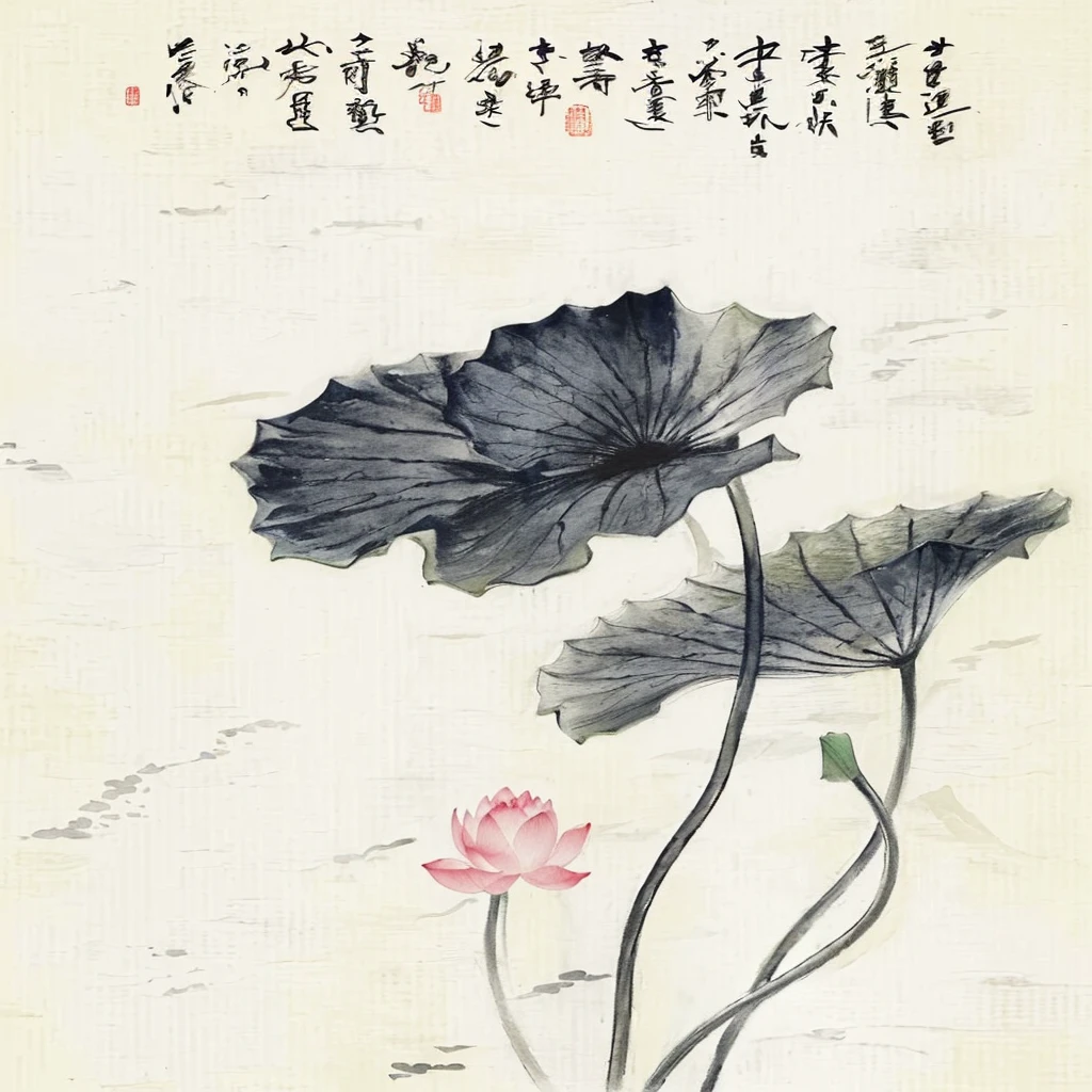 Close up of a painting of a lotus flower and a lotus leaf, 中traditional Chinese painting风格, Chinese watercolor style, traditional Chinese Ink Painting, Chinese style, by Li Zai, Mei Qing, Chinese Ink Painting, traditional Chinese painting, by Xia Shuwen, author：Yang J, author：Gu Wenchang, author Shang Xi, author：Li Song, author Miao Fu
