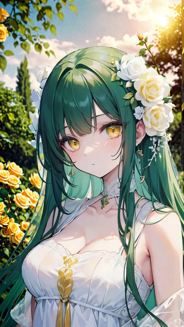 Highest quality,1People Girls, cute, Green Hair,Long Hair, Floating hair, Light blue eyes, Loose and fluffy hair, Elegant and delicate eyes, Detailed facial features, Long eyelashes, Beautiful lip detail, graceful and detailed poses, Upper Body, Dynamic configuration,Vibrant colors, Soft and dreamy, Hibiscus Landscape,A cheerful smile,summer,Daytime,No clothes on, Completely naked, Lying in bed,Large Breasts, exposed, Nipples are also visible