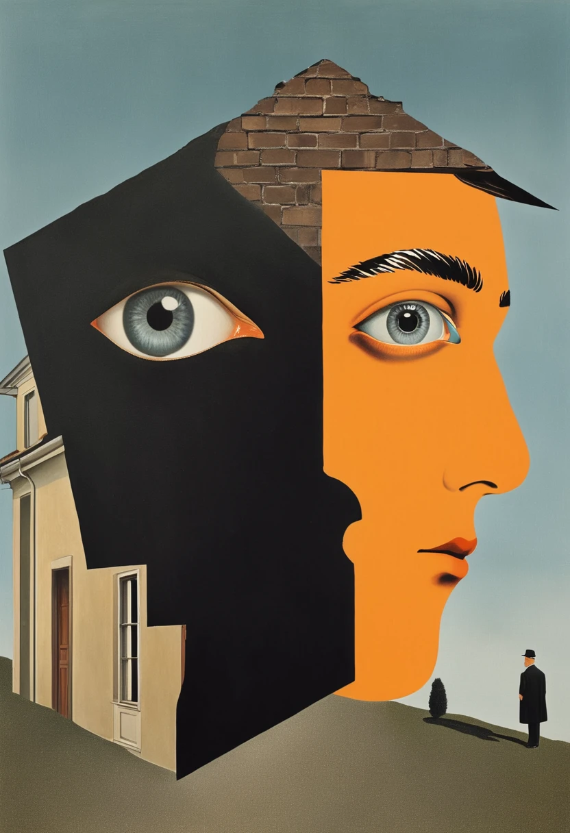 René Magritte，Surreal and strange dislocation art：Collage画，There are many different things on the face，house，Geometric Dislocation，Collage,Hollow，Artistic sense，Painting，paint，Simple，Black and Orange