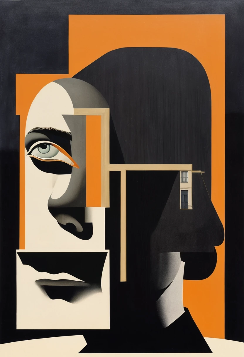 René Magritte，Surreal and strange dislocation art：Collage画，There are many different things on the face，house，Geometric Dislocation，Collage,Hollow，Artistic sense，Painting，paint，Simple，Black and Orange