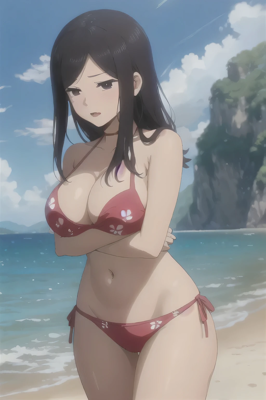 best quality, (masterpiece:1.2), detailed, perfect face, beautiful face, Touko, 1girl, mole under eye, mole, solo, black hair, beach, open mouth, sidelocks, white shirt, breasts, large breasts, long hair, medium hair, bikini, hot, dynamic pose, embarrassed expression, shy expression, closed mouth, hiding her breast, touching her breast, shy, closed mouth, hot, big thighs, jealous, big breast, she is hiding her breast, dynamic pose, she is revealing her breast