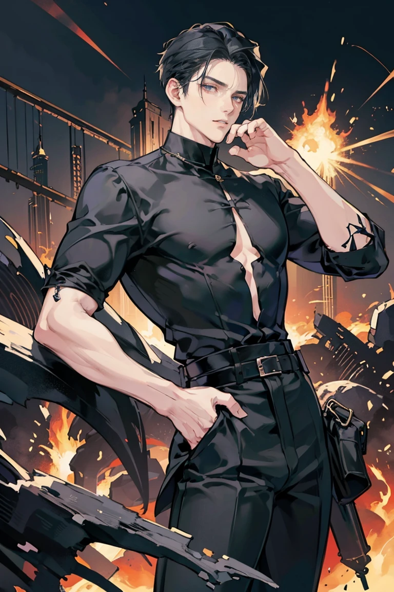 anime - (masterpiece), best quality, seductive eyes, mature face, black eyes, mid length slicked back black haircut, plain black t shirt, black pants, tall man, long legs, masculine, massive body, adult-like, full body, hands on hips, bad boy, the background is a burning and exploding city