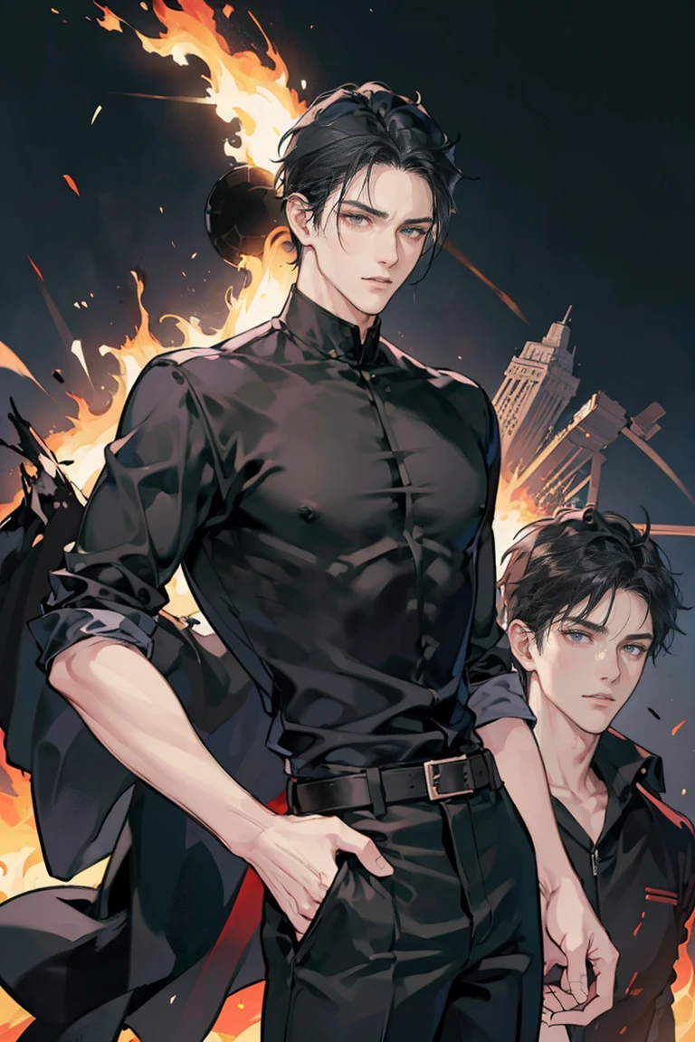 anime - (masterpiece), best quality, seductive eyes, mature face, black eyes, mid length slicked back black haircut, plain black t shirt, black pants, tall man, long legs, masculine, massive body, adult-like, full body, hands on hips, bad boy, the background is a burning and exploding city