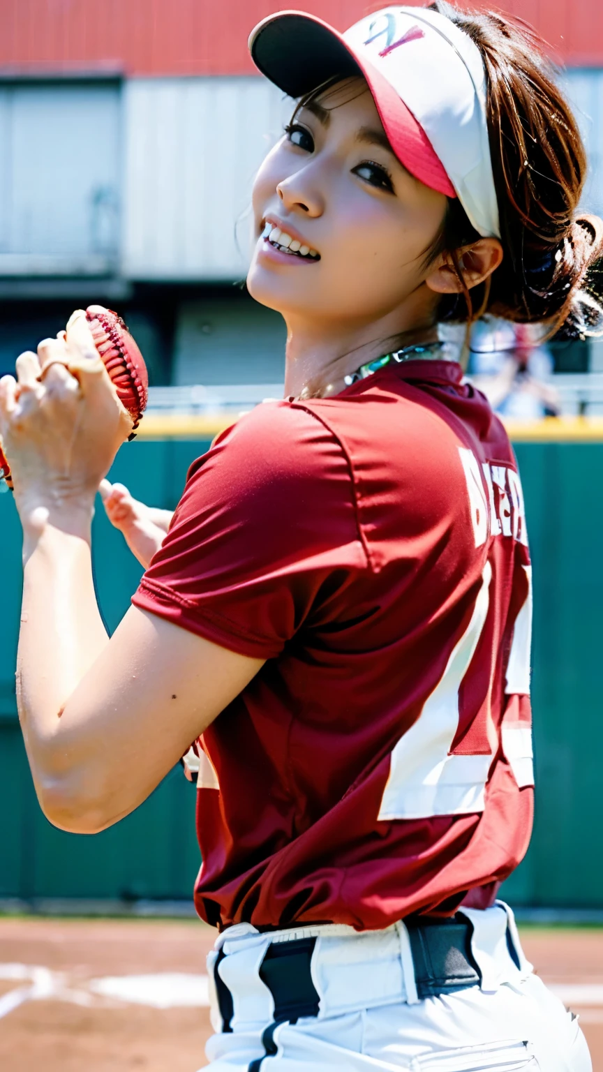 (((First Person))),(((Perfect anatomy, carefully drawn limbs with perfect joints and no excess or deformities))),(((The grandstands are filled with spectators))),The enthusiastic crowd roars,(((On the field of a softball stadium filled with enthusiastic spectators, a beautiful softball player with outstanding style stands in the batter's box with a serious look in her eyes))),(((The softball uniform, with a short-sleeved, collarless shirt with a large number on the back and the bottoms tucked into shorts and a belt, is々Shii,Wear softball socks and spikes))),(((Capture the powerful moment when you step up to bat and swing with all your might in a full-body snapshot))),Speed,body幹の強い低い姿勢,Speed,(Capture the essence of the movement and the moment of the play),((The audience roars at the wonderful play of a beautiful softball player wearing a red uniform and shorts on a white background),(((With a serious look on his face, he holds a softball helmet and a metal bat.,打席でバットを振ってヒットする瞬間の動きの本質を捉えた4K full body shot from the side)),All in one,Gritting teeth,Sharp step,(Skin Dentition:1.5),Realistic and realistic,(masterpiece:1.5),(((Sports concept art))),Intricate details,Highly detailed and realistic,Octane Rendering,4k quality,(Sports Real Engine),Dynamic pose,4K Top Quality,High resolution,(Realistic Face:1.1),(Surreal:1.1), ((full_body)),((Expressing the dynamism that emanates from the whole body)),(((He has a slim, muscular body, but his strong legs and slim waist make him look very stylish.))),(4K full body shot from the side),(Shiny skin:1.2),(((Hairstyle))),(((Perfect hands))),(Highly detailed background),((整備された美Shii芝が張られたピッチに観客で一杯のスタジアムの背景が壮観)),A crucible of cheers and excitement,((Beauty condensed in 1girl)),((光を蓄えた美Shii瞳)),(Shiho wearing a necklace),(((滴る大量の汗が眩Shii))),(The short bob flows with your movements.),casting ,((Dramatic beauty)),披写界深度の深い美Shiiボケ,4K,Gothic,4K Digital SLR Camera,Fujifilm XT3 style,(Saiharu Body),(Delicate eyes and face),Professional Perspective,素晴らShiiディテール,(1girl condenses exceptional beauty),繊細でHigh noseを持つ美Shii顔,High nose, Clear chestnut eyes that glorify the light, Glossy red lips, light makeup,