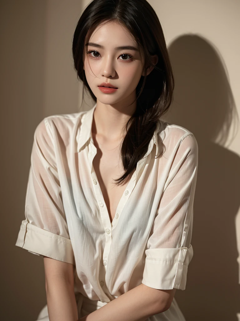 Highest quality、masterpiece、Ultra-high resolution、(Realism:1.4)、1 girl、In a pale background、Deep Shadow、Low Key、Shortcuts、Upper Body、sex appeal、Wearing a shirt