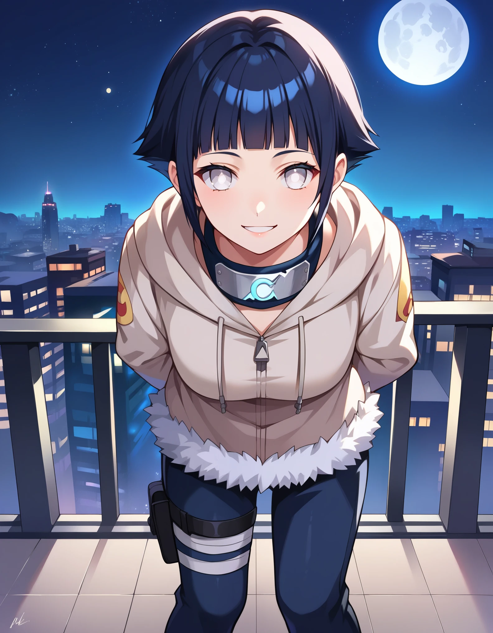 score_9, score_8_up, score_7_up, score_6_up, source_anime, rating_safe,
BREAK
front view, cityscape, night, moon, stars, rooftop, looking at viewer, glowing eyes, smile, white pupils, standing, hands behind back, leaning forward
short hair, dark blue hair, shiny hair, blunt bangs, grey eyes, no pupils, konohagakure symbol, forehead protector, hoodie, long sleeves, fur trim, capri pants, bandages, thigh holster, toeless footwear, zipper,