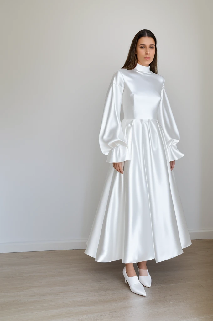 Best quality, 8k, 32k, Masterpiece, Masterpiece, (Photorealistic: 1.4), RAW photo, ultra realistic, 1girl, Fashion model, Wearing a long sleeves wedding dress, satin fabric, full length view, pose Stand upright in white room with a minimalist design, featuring white walls and a clean, modern aesthetic.