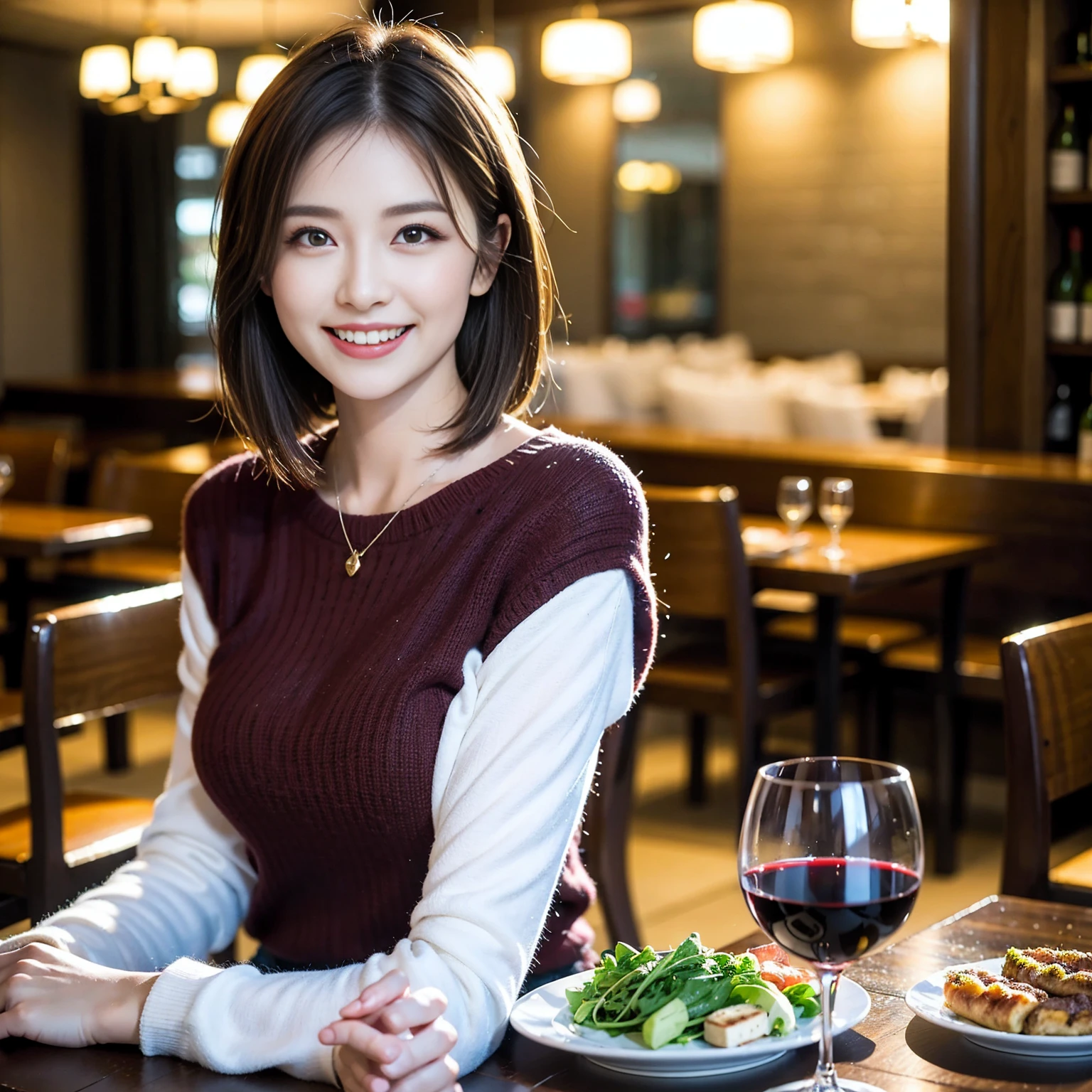((Highest quality、8K、masterpiece:1.3))、Shortcuts、cute、slimカップル、modelカップル、actress男優、(Realistic, Intricate details:1.2), full-course dinner、Wine Party、Amazing view of the sunset sky and clouds、A bright smile、short hair,Bright Face、45 years old), 42 years old, red wine 、Appetizers、Italian food、Wine bottle、Champagne、sparkling wine、Two beauties、Brown Hair、Shortcuts、Long sleeve shirt、dress、Beautiful woman 1, (slimな顔), (The body is slim), (Brown Hair), (Shortcuts), cheeks turn a little red,Attractive beauty、restaurant, In a prominent place (From the waist up) Nova Frog Style, actress, model, Upper Body, White wine, slim, wine glass, 中央に置かれたwine glass, smile, (smile: 1.15), Beautiful fine grain, Depth f/2,saturation, High Contrast, Strong light and shadow,Moist Body:1.5、3D texture、Delicate eyes、Brown Hair、The hair is very shiny、