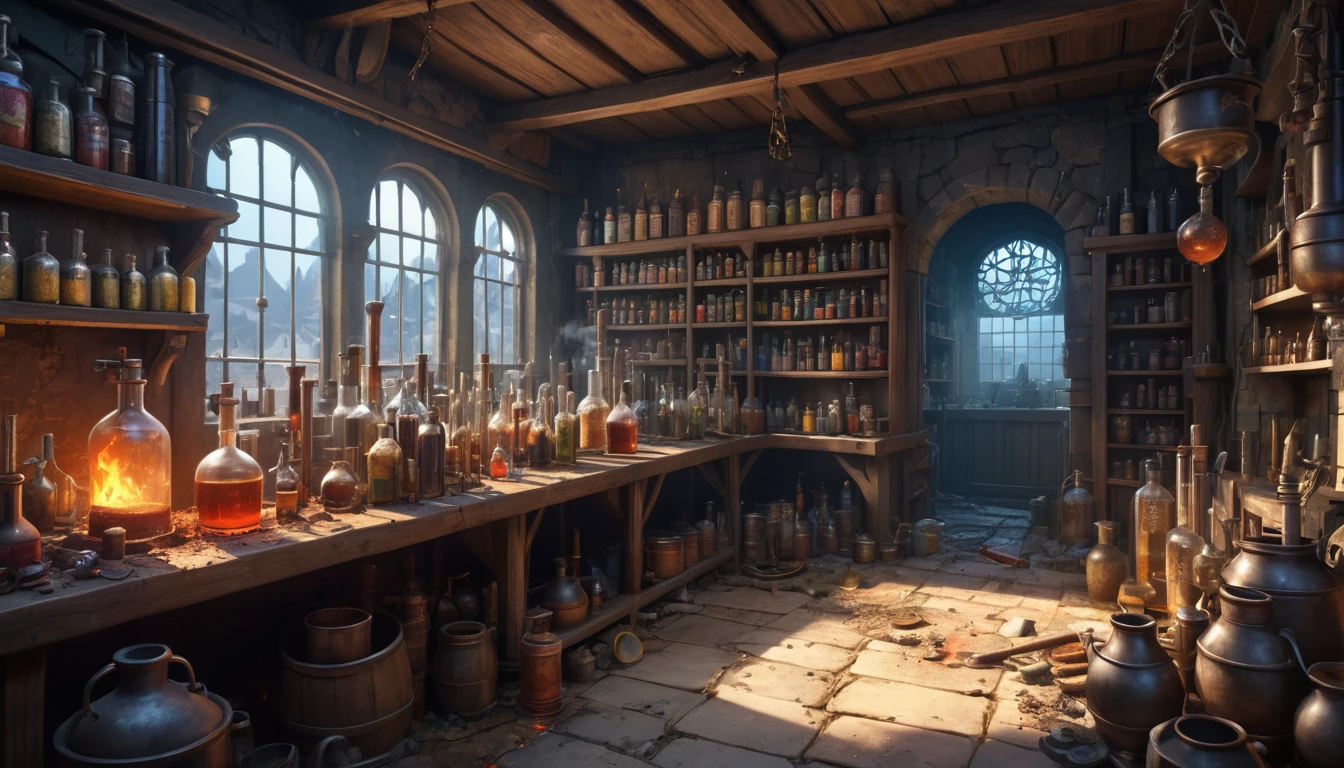 (anime, fantasy, village), (detailed CG unity 8k wallpaper, masterpiece, best quality, ultra-detailed, HDR:1.2), vibrant colors, intricate, high FXAA, medieval laboratory, alchemy laboratory, messy, trashed, ditry, potion brewing, pipe, vial, smokes