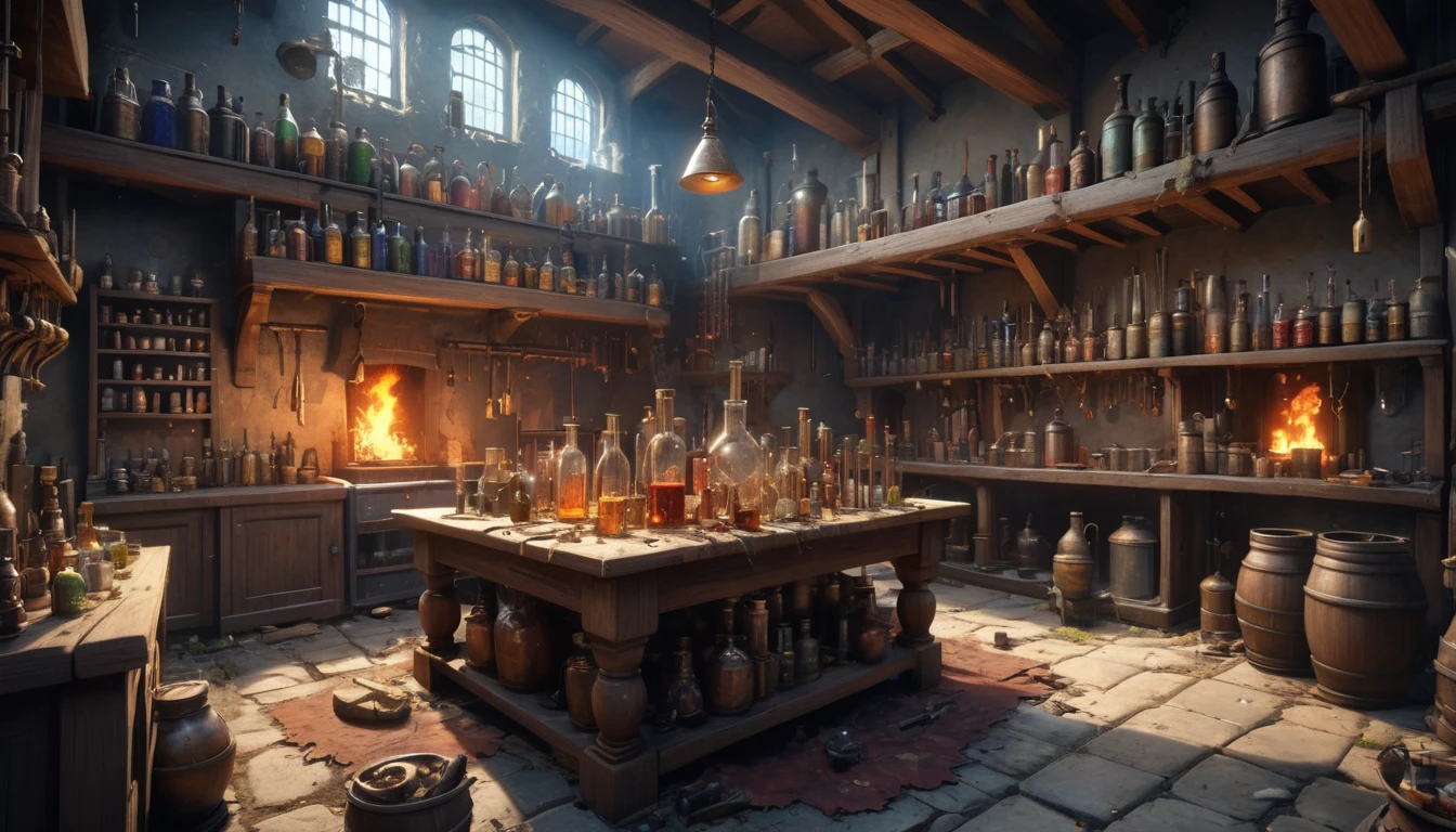 (anime, fantasy, village), (detailed CG unity 8k wallpaper, masterpiece, best quality, ultra-detailed, HDR:1.2), vibrant colors, intricate, high FXAA, medieval laboratory, alchemy laboratory, messy, trashed, ditry, potion brewing, pipe, vial, smokes