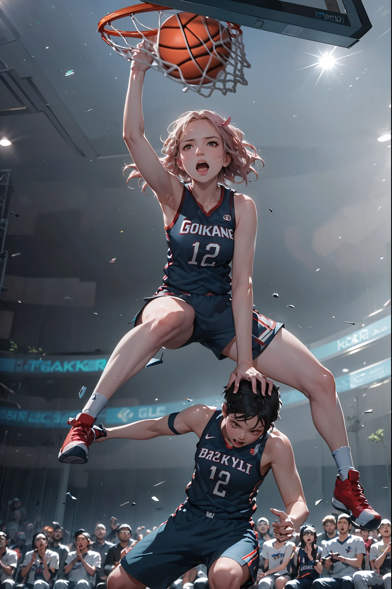 (masterpiece, best quality:1.2), cinematic shot, shot from below, 1girl wearing basketball outfit Dunking, open mouth, slam dunk, 1boy below her, basketball uniform, audience cheering, basketball court