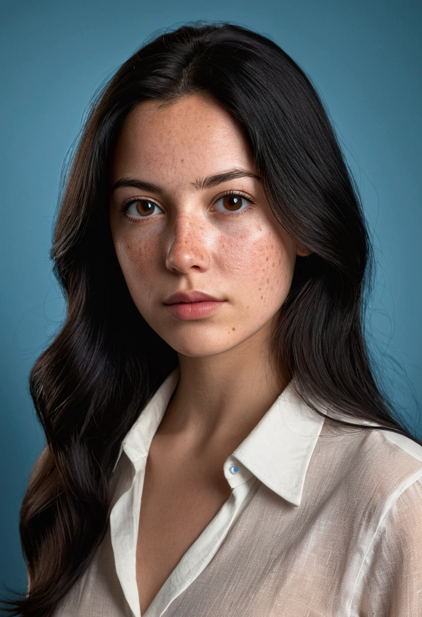 Realistic photo of a beautiful 4m4nd4s-v2 woman, 1girl, solo, black hair, long hair, realistic, looking at viewer, portrait, lips, mole, simple background, shirt, closed mouth, freckles, blue background, brown eyes, black eyes, nose, naked, realistic, soft lighting, professional Photography, Photorealistic, detailed, RAW, analog, sharp focus, 8k, HD, DSLR, high quality, Fujifilm XT3, film grain, award winning, masterpiec