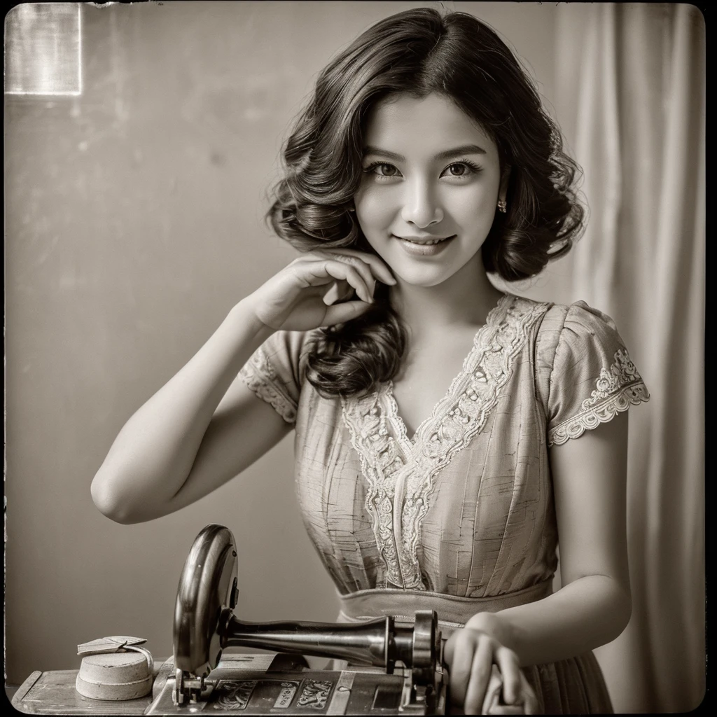 beautiful girl from Indonesia, white t-shirt, beautiful face, shining black hair, brown eyes, curly eyelashes, white skin, smiling expression, sewing with a machine. modiste space background. there is an old model radio. nivanh chanthara , mai anh tran, dang my linh, beautiful ruan jia!, handsome girl, beautiful, old style manh, charming smile, with a cute - smooth face, beautiful, beautiful woman, fanart, sweet young woman, beautiful woman
stunning, (fine and intricate details:1.7)(RAW photo:1.3), (large scratches in some parts of the photo:1.8)(bright sepia toned photo) (noisy image:0.5) (perfect hand design:1.3), 1912, a beautiful young woman, black and white (19th century daguerreotype photo quality: 1.1), ( flash with magnesium: 1.6) , photo shoot, pre-raphaelitism, Auguste et Louis Lumière style. hand-held Victorian style, Very high resolution detail, photographic, realism pushed to the extreme, fine textures, very real Westworld film style, award winning, professional, highly detailed