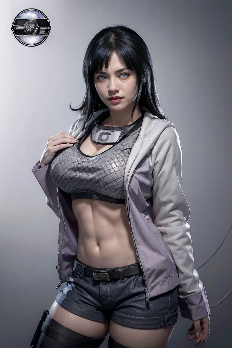 (Masterpiece artwork, best qualityer, highres:1.4), detailded, details Intricate, 4K, (solo:1.4), realisitic, fotorrealisitic, face detailed, Detailed body limbs, 1girl, solo, Hinata Hinata \(Naruto Shippuden\), Hinata Hyuga character outfit \(Naruto Shippuden\) sleeveless, (Byakugan in a striking white color:1.5), camisa sleeveless, Dark lips, unzipped jacket, witheout panties, extreme breasts, extreme female body, fully body, (sexly)