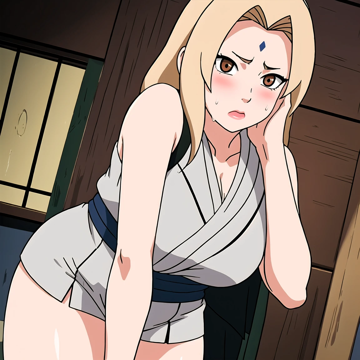 Tsunade , Brown eyes , Blonde Hair , Forehead Mark , (8K, RAW photos, best quality, masterpiece:1.2), (Intricate details), Perfect eyes, Perfect face, Perfect lighting, beautiful, (masterpiece:1.2), (best quality:1.2), 1 Girl, White shirt , Denim shorts , ,((blush,nervous,Vision,classroom,bookshelf,Standing,))masterpiece, absurd , (Intricate details), (Colorful), light, Extremely detailed CG unity 8k wallpaper ,1 Girl, solo,(shy,classroom,night,blush,nervous,Sweating,蕾丝dress, ),sweat,blush,blush1.5,Blush,Medium chest,((dress,Black stockings,)),(dress,Standing,Uncomfortable expression,Mouth open,spit)