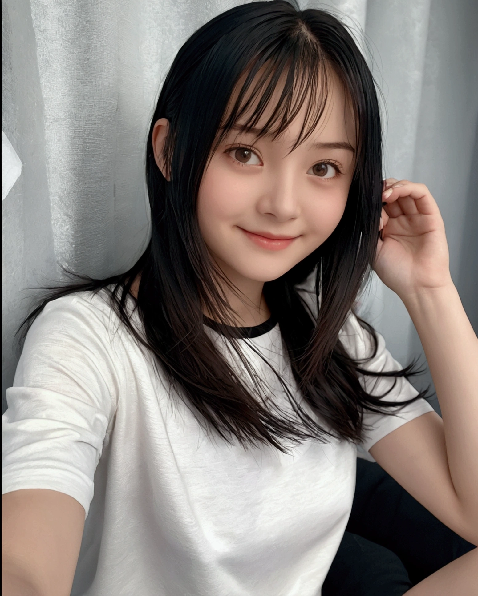 (alone), (Detailed RAW photos of the girl's whole body), (masterpiece:1.0), (Highest quality:1.4), (Ultra-high resolution:1.2), (Realistic:1.4), 8k resolution, Canon EOS R5, 50mm, Absurd, Super detailed, (18-year-old), Sharp focus, Cinema Lighting, Beautiful face in every detail, (compensate:1.2), (Urzan-6500-v1.1), shape, Detailed skin texture, Pale skin, Flat Chest, (A lean and healthy body:1.3), Thigh Gap, Detailed black hair,smile, (Play sports often)Realistic glowing skin, (Bedroom:1),Slim waist, 魅惑的なsmile, alone