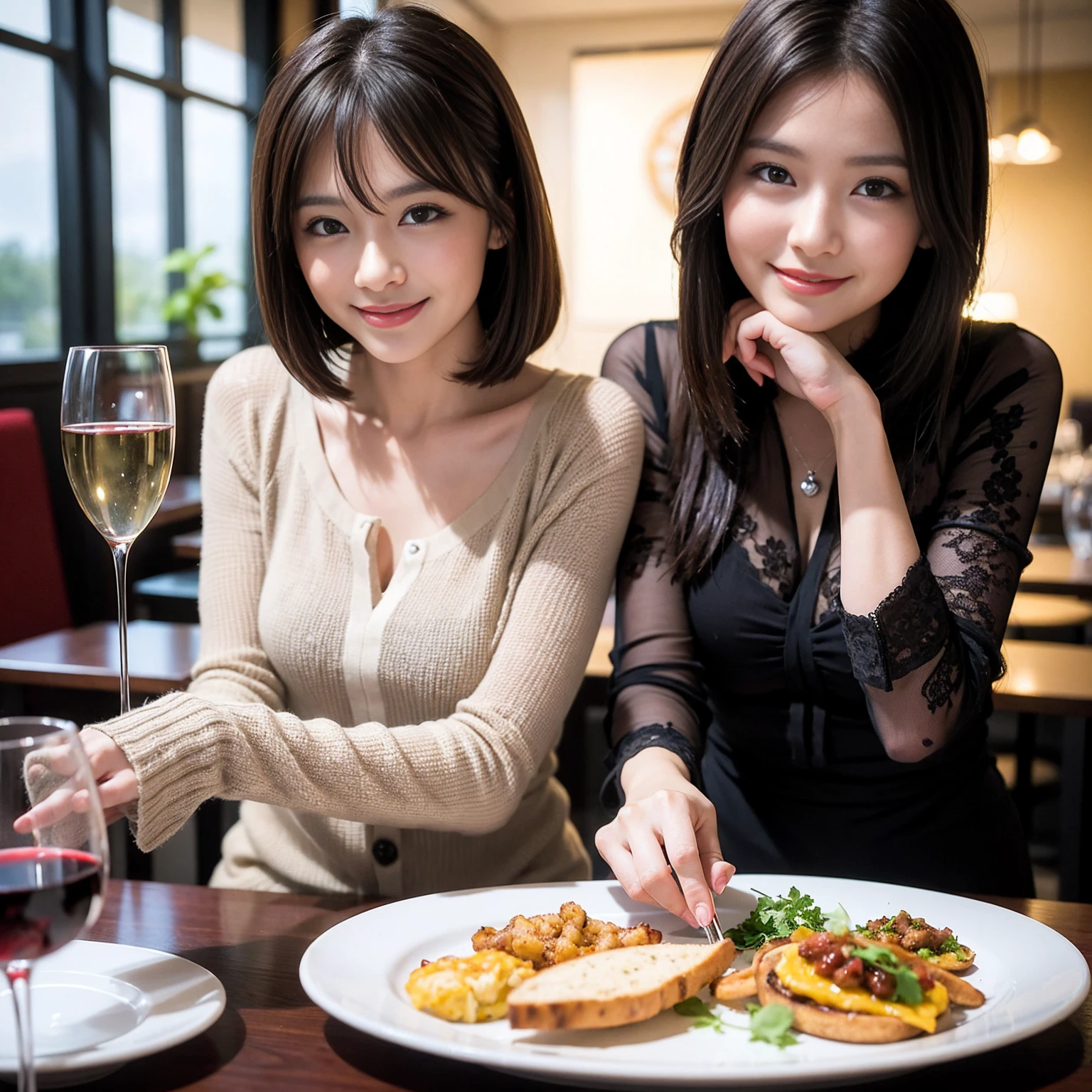 ((Highest quality、8K、masterpiece:1.3))、Shortcuts、cute、slimカップル、modelカップル、actress男優、(Realistic, Intricate details:1.2), full-course dinner、Wine Party、Amazing view of the sunset sky and clouds、A bright smile、short hair,Bright Face、 (Age 45), 42 years old, red wine 、Appetizers、Italian food、Wine bottle、Champagne、sparkling wine、Two beauties、Brown Hair、Shortcuts、Long sleeve shirt、dress、Beautiful woman 1, (slimな顔), (The body is slim), (Brown Hair), (Shortcuts), cheeks turn a little red,Attractive beauty、restaurant, In a prominent place (From the waist up) Nova Frog Style, actress, model, Upper Body, White wine, slim, wine glass, 中央に置かれたwine glass, smile, (smile: 1.15), Beautiful fine grain, Depth f/2,saturation, High Contrast, Strong light and shadow,Moist Body:1.5、3D texture、Delicate eyes、Brown Hair、The hair is very shiny、