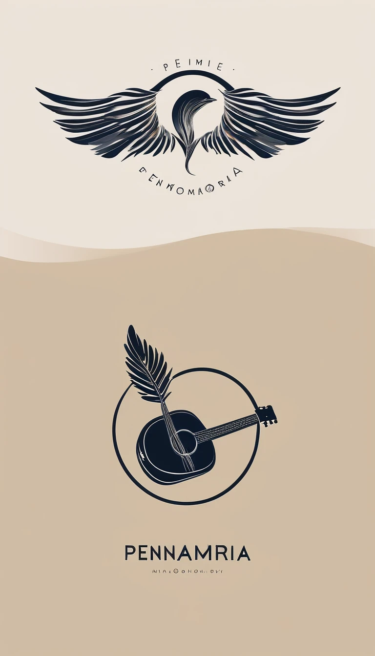 A minimal, modern, simple, cinematic logotype for the brand “Penamemoria". The logotype must be a simple, magical feather and a boy playing acoustic guitar. The logo must convey a sense of music, stories and dreams. Logo design impressed on a book cover. Minimalistic logo
