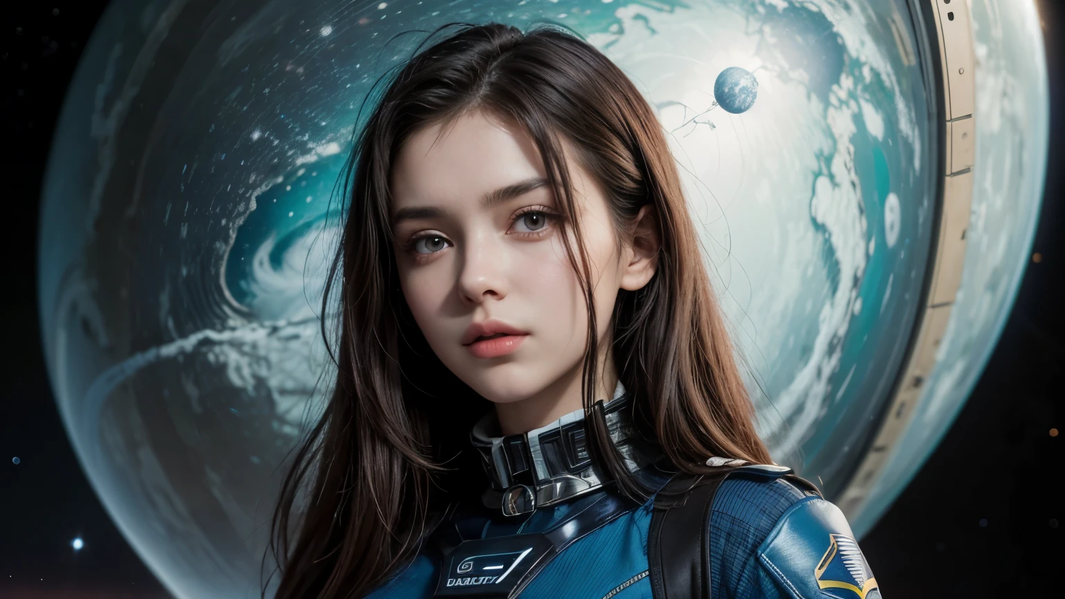 A beautiful woman. Twenty years old. Dark brown hair. She is dressed in a futuristic blue combat uniform. In the space behind her, there is a parallel universe clustered together in a spherical shape.