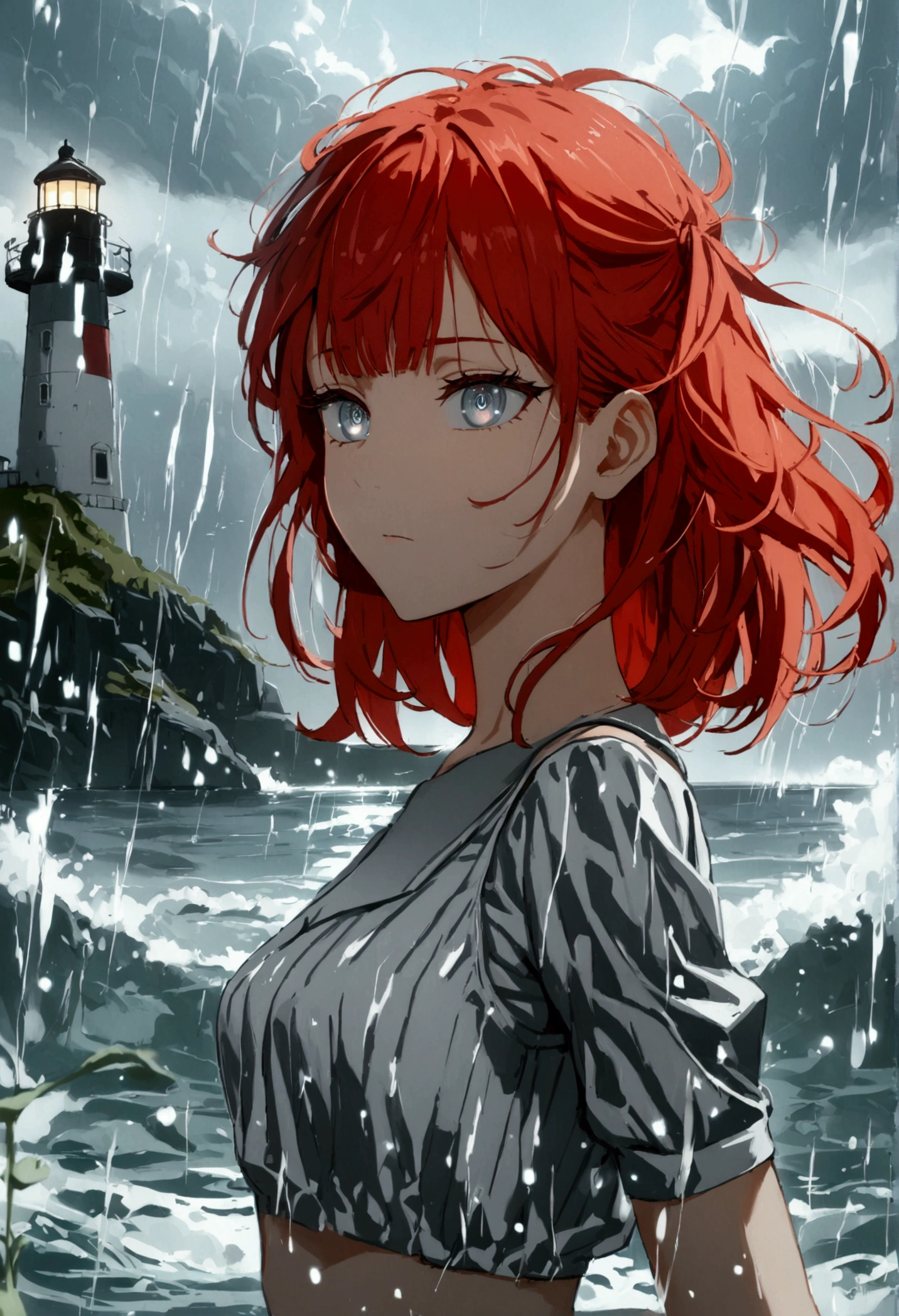 (masterpiece:1.2, Highest quality), (Beautiful, detailed eyes: 1.2), (Beautifully detailed face), High Contrast, (Best lighting, Very delicate and beautiful), ((Cinematic Light)), Highest quality, masterpiece, Particles of light, Close-up of a young woman standing in front of a lighthouse before a storm, Grey Eyes, Dark red hair in low pigtails, Swept-apart bangs, eyelash,  stoic, A grey sleeveless collared shirt with white vertical stripes, Upper Body, Small breasts, Toned arms, weed, coastal, Drizzle, Dark Clouds, Dark atmosphere, Slate color, Particles of light, Highest quality, masterpiece