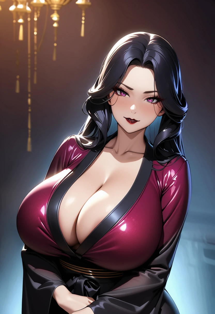 (A bewitching 35-year-old Japanese widow, clad in a stunning black mourning kimono, stands solo beneath the eaves of a funeral parlor on a moonlit night. Her Chestnut French Roll Hair cascades down her back like a waterfall of darkness, while her dark red lips seem to whisper secrets to the shadows. Her hands rest delicately over her crotch, exuding an aura of mysterious allure as she surveys the somber surroundings with an air of seductive quietness., The white smoke from the incense sticks drifts thinly like mist., A background effect that represents swirling anxiety), ((nsfw, masterpiece, incredibly absurd resolution, absolutely resolution, ultra high resolution, Mature Female, MILF, professional, vivid colors, perfect anatomy, ideal facial features, ideally proportioned figure, perfectly beautiful body, super detailed skin, glossy skin, glistening skin, Glamor, soft and curvy, body conscious, collarbone, cleavage, saggy huge breasts, evil seductive smile))
