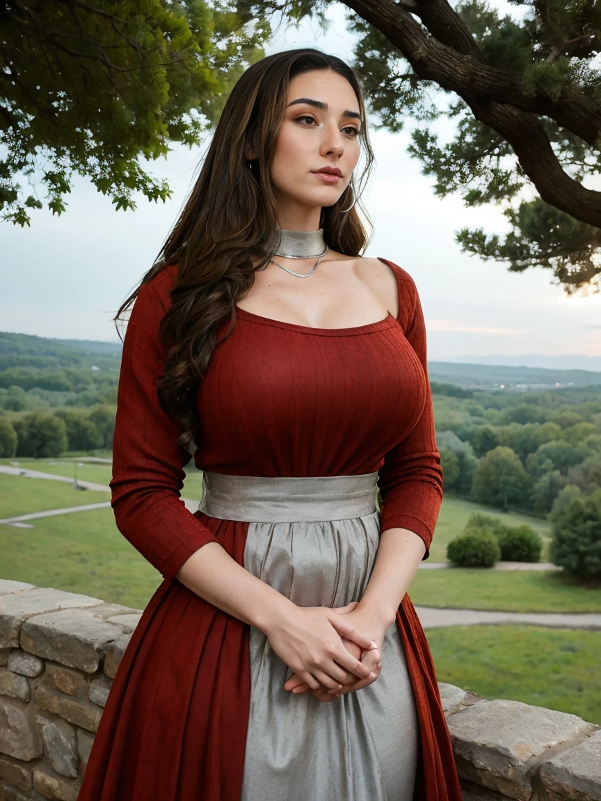 Gorgeous and sultry busty athletic (thin) brunette queen with sharp facial features wearing a modest updo, dark red medieval dress, long sleeves, intricate patterns, scrollwork, wide neck, crown, veil, long dress, modest dress, tight bodice, (silver waist chain), medieval jewelry, Middle Ages, castle, rampart, wall, exterior, on top of a castle wall, trees, countryside, evening, sunset.