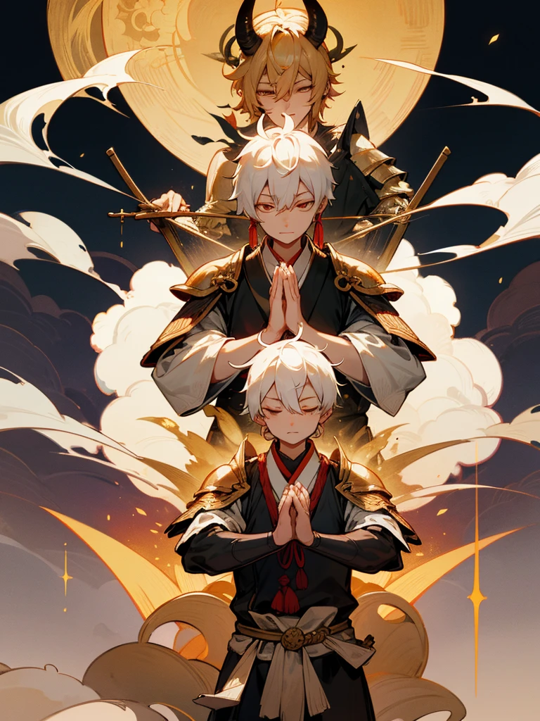 Buddha,Lucky Eyes, horn, white short hair, black armor, tori ready, man, full moon, hands together in prayer, Zen meditation golden lion Chi Japanese sword demon vengeful spirit evil spirit