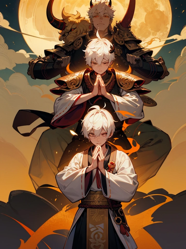 Buddha,Lucky Eyes, horn, white short hair, black armor, tori ready, man, full moon, hands together in prayer, Zen meditation golden lion Chi Japanese sword demon vengeful spirit evil spirit