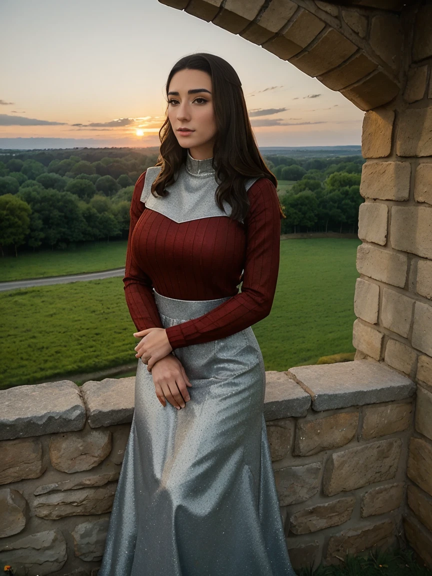 Beautiful and regal, imperious and aloof, busty athletic (thin) brunette queen with sharp facial features wearing a modest updo, dark red medieval dress, long sleeves, wide neck, crown, veil, long dress, modest dress, tight bodice, (silver waist chain), medieval jewelry, Middle Ages, castle, rampart, wall, exterior, on top of a castle wall, trees, countryside, evening, sunset.