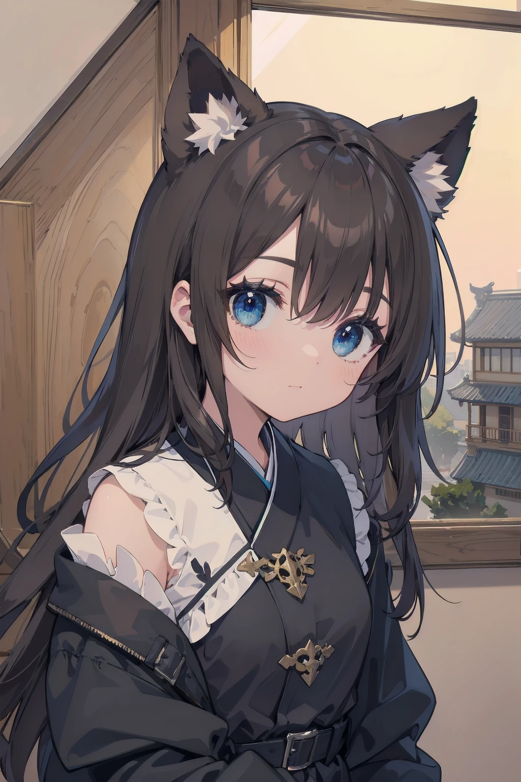 (Animal ears), Dark brown hair, blue eyes, (masterpiece), (Highest quality), (非常にdetailedな), more_detailed:-1, more_detailed:0, more_detailed:0.5, more_detailed:1, more_detailed:1.5, Shine