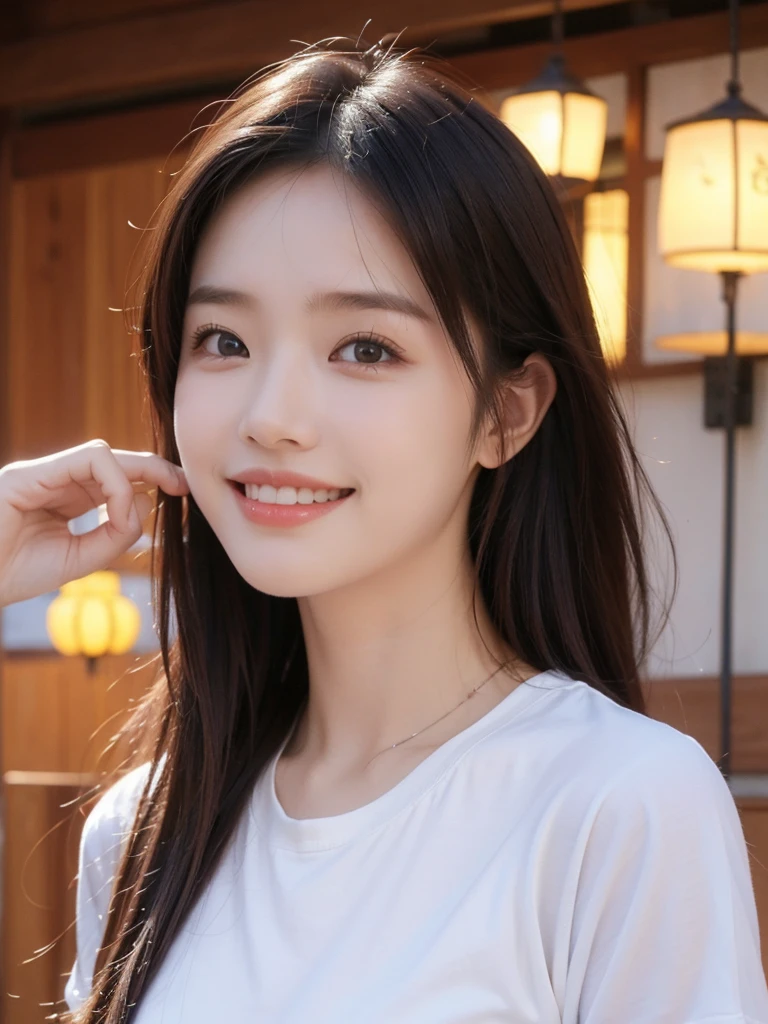 Realist、high resolution:1.3)、Beauty、中国Beauty,Atmospheric、Wearing a shirt(random color).2、close up,Sense of atmosphere,Smile,Straight teeth,Network female head,outdoor,travel,happy