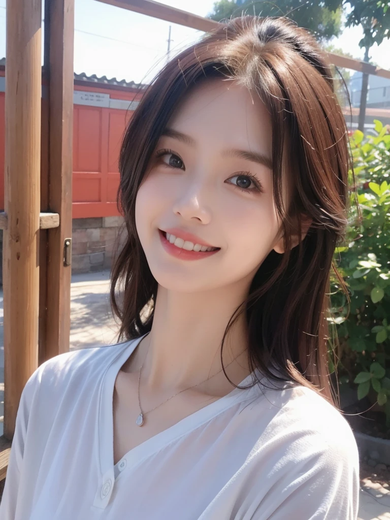 Realist、high resolution:1.3)、Beauty、中国Beauty,Atmospheric、Wearing a shirt(random color).2、close up,Sense of atmosphere,Smile,Straight teeth,Network female head,outdoor,travel,happy