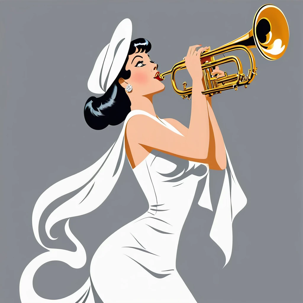 arafed woman in white dress playing a trumpet on grey background, inspired Tex Avery, Retro illustration, trumpet, In the style of digital illustration, Flat Vector Art, jazz, 1950s illustration style, stylized digital illustration, Manga style illustration, Tex Avery, Pinup Poster Girl, Vector style drawing, Vector Art Style, Elegant woman