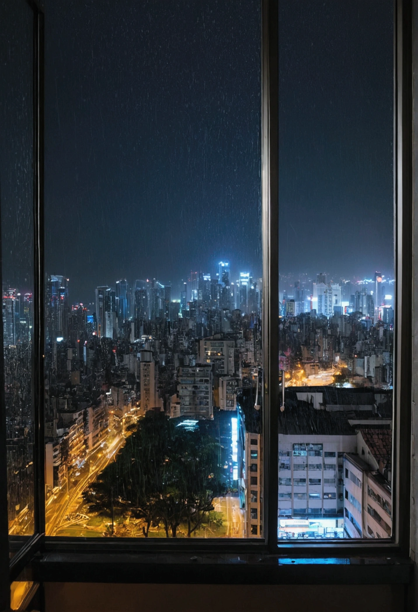 Through a large window、Overlooking the night city view、rain