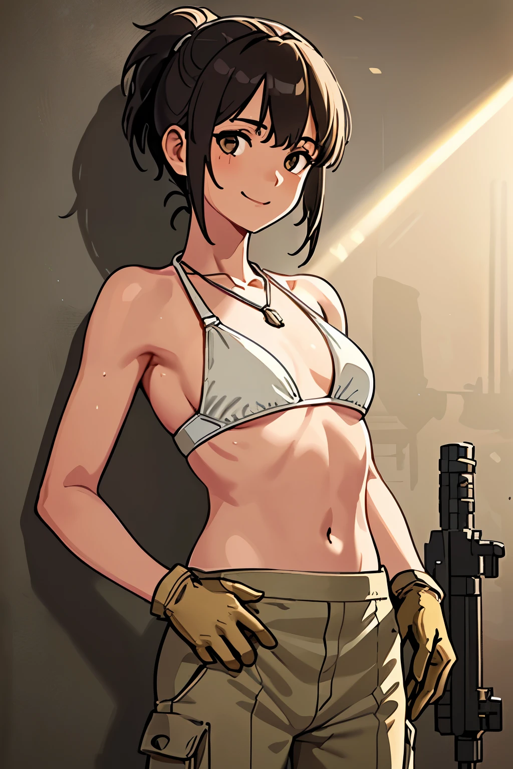 best quality, masterpiece, (realistic:1.2), 1girl, solo, upper body, (silhouette lighting:1.4), smiling, (wearing ivory bikini-top, khaki cargo pants:1.4), gloves, dog tag necklace, light brown ponytail hair with bangs, sweating a lot, wet skin, standing against the wall, (at maintenance workshop:1.3), (small breast, underboob:1.2)