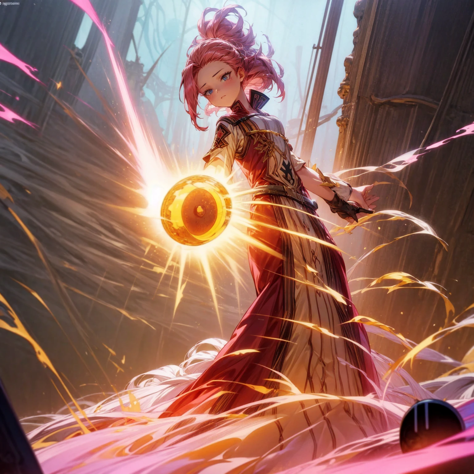 1girl, Full body version, 1character, blue eyes, long Curly haircut, pink colour hair, ancient roman style clothing, red colour clothing, Grassroots, background in field Castle, motion blur, (Hunter x Hunter style), aura effect, lighting aura, smoke effect, lighting sun, sun, plasma effect, smoke effect, fire, golden fireball, 