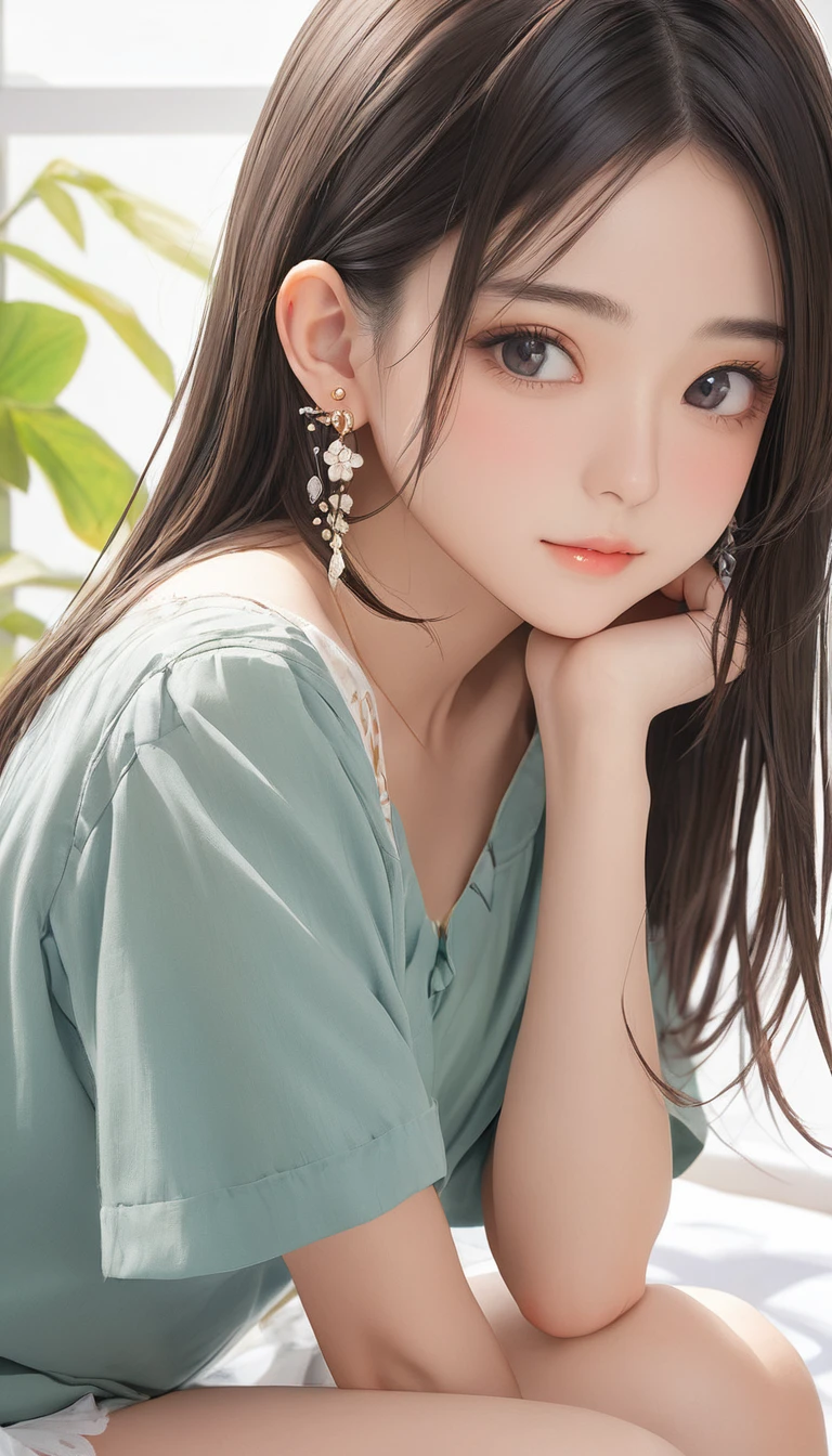 (masterpiece, Highest quality:1.2), One girl, alone,bony body、15 years old、Side lock hair、Earrings