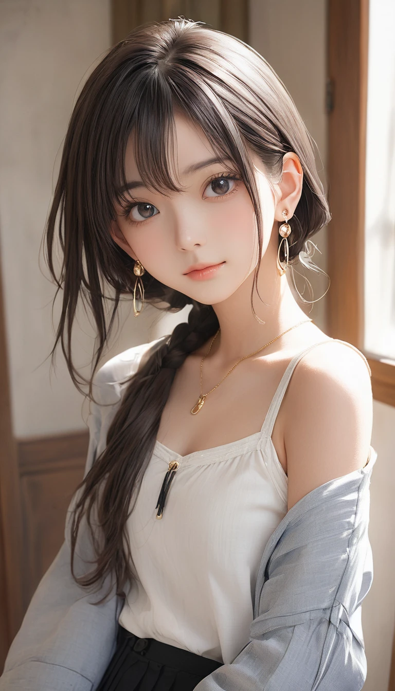 (masterpiece, Highest quality:1.2), One girl, alone,bony body、、Side lock hair、Earrings
